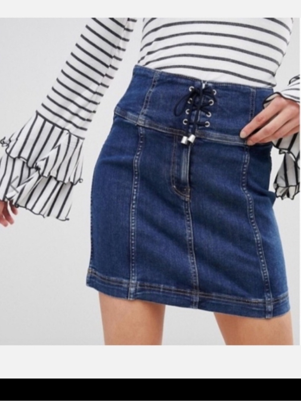 Free People Modern Femme Corset Mini Skirt Blue Denim Lace-Up Size 4